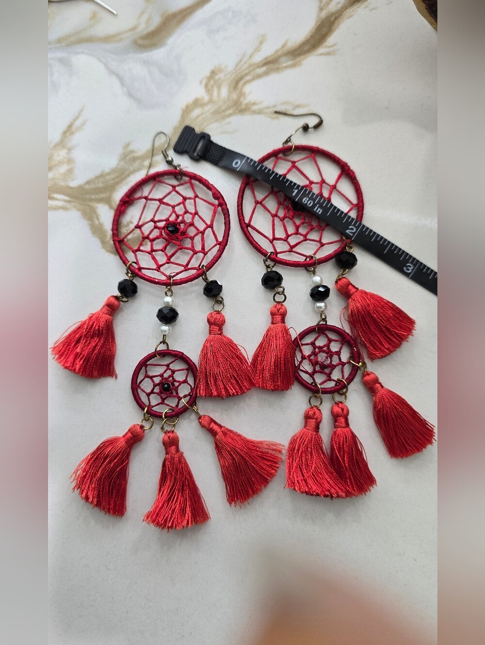 Source Unknown Red Dreamcatcher Tassel Earrings with Black Beads - Picture 4 of 5